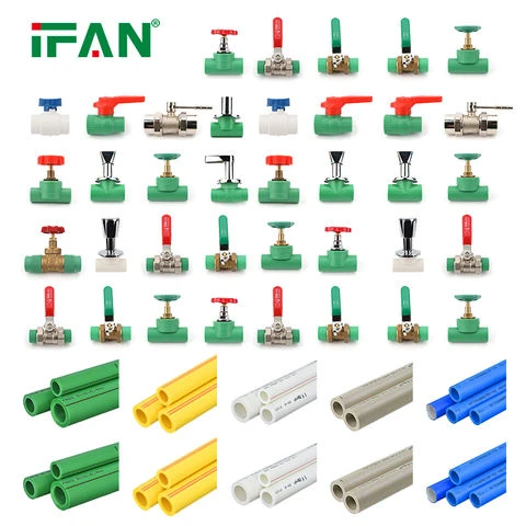 Full range of PPR pipe fittings and valves with green, white, yellow, grey and blue PPR pipes
